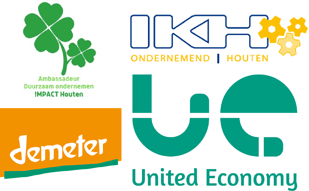 Logo Ambassadeur Duurzaam ondernemen IMPACT Houten, logo KH Ondernemend Houten, logo Demeter, logo United Economy